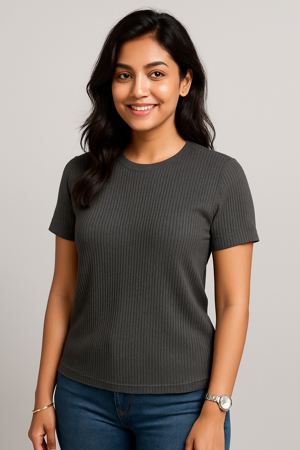 Premium Quality RIB T-shirt for Women - Silver