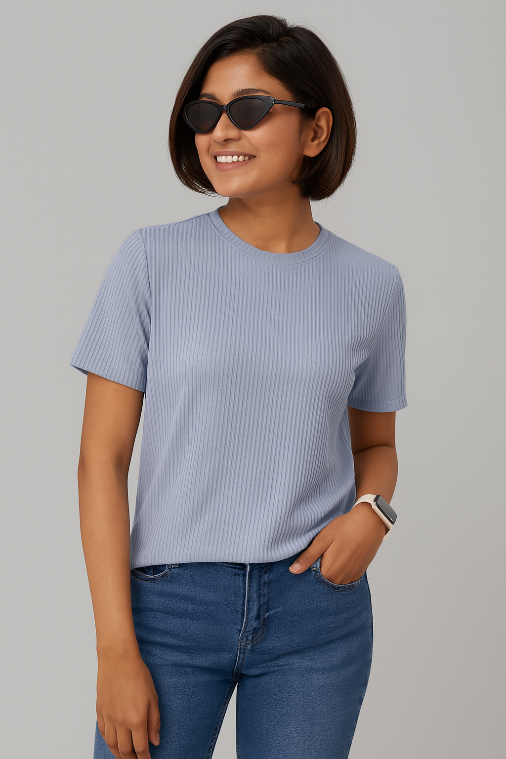 Premium Quality RIB T-shirt for Women - Sky Blue