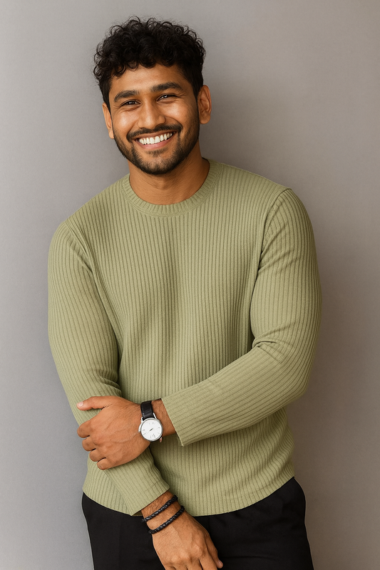 Premium RIB Cotton Full Sleeve T-shirt - Sage