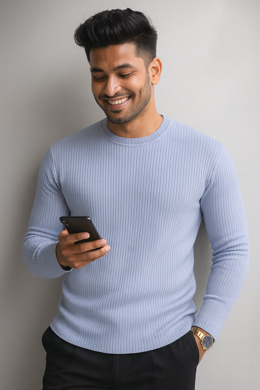 Premium RIB Cotton Full Sleeve T-shirt - Sky