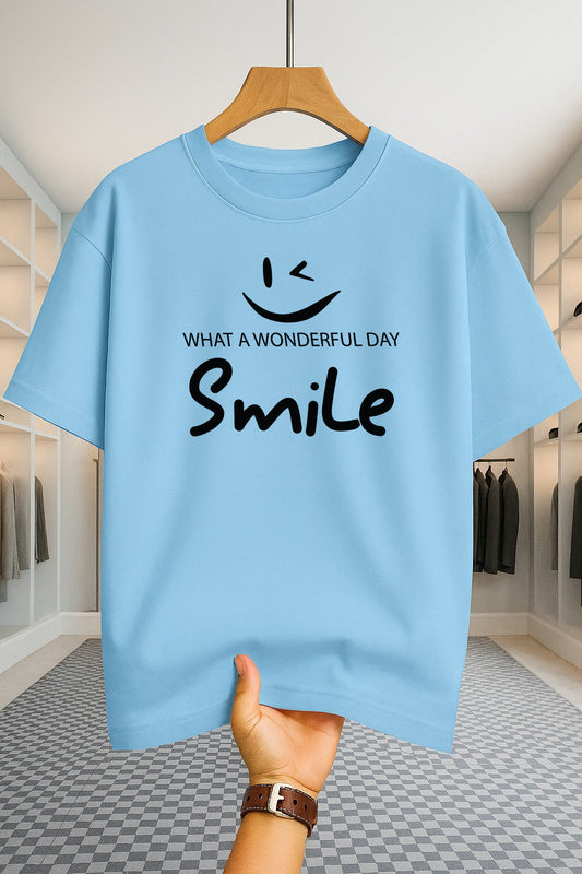 Drop Shoulder T-shirt - Smile - Sky Blue