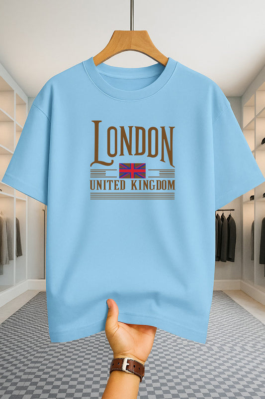 Drop Shoulder T-shirt - London UK Flag - Sky Blue