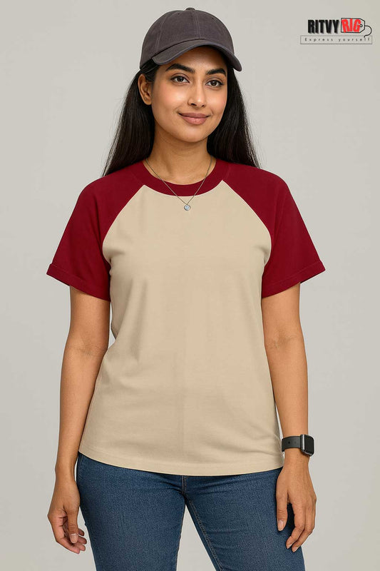 Premium Quality Raglan T-shirt for Women - Beige & Maroon