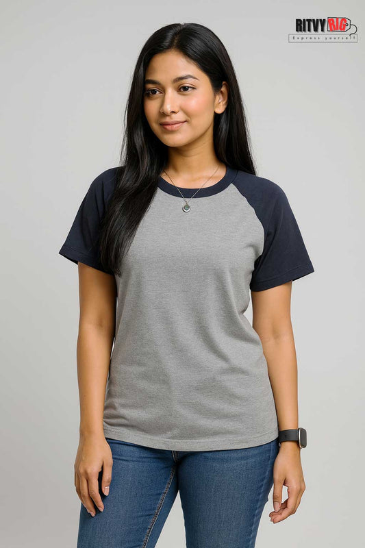 Premium Quality Raglan T-shirt for Women - Silver & Navy Blue