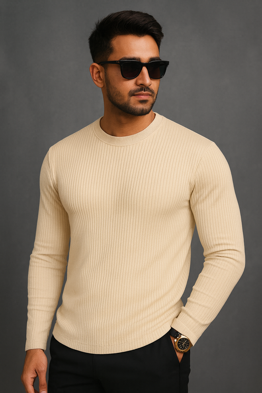Premium RIB Cotton Full Sleeve T-shirt - Biscuit