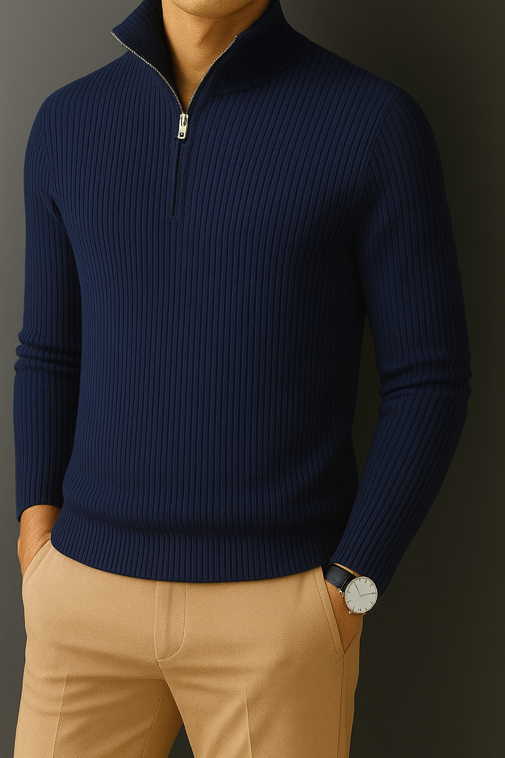 Premium Zipper RIB Cotton T-shirt -Blue