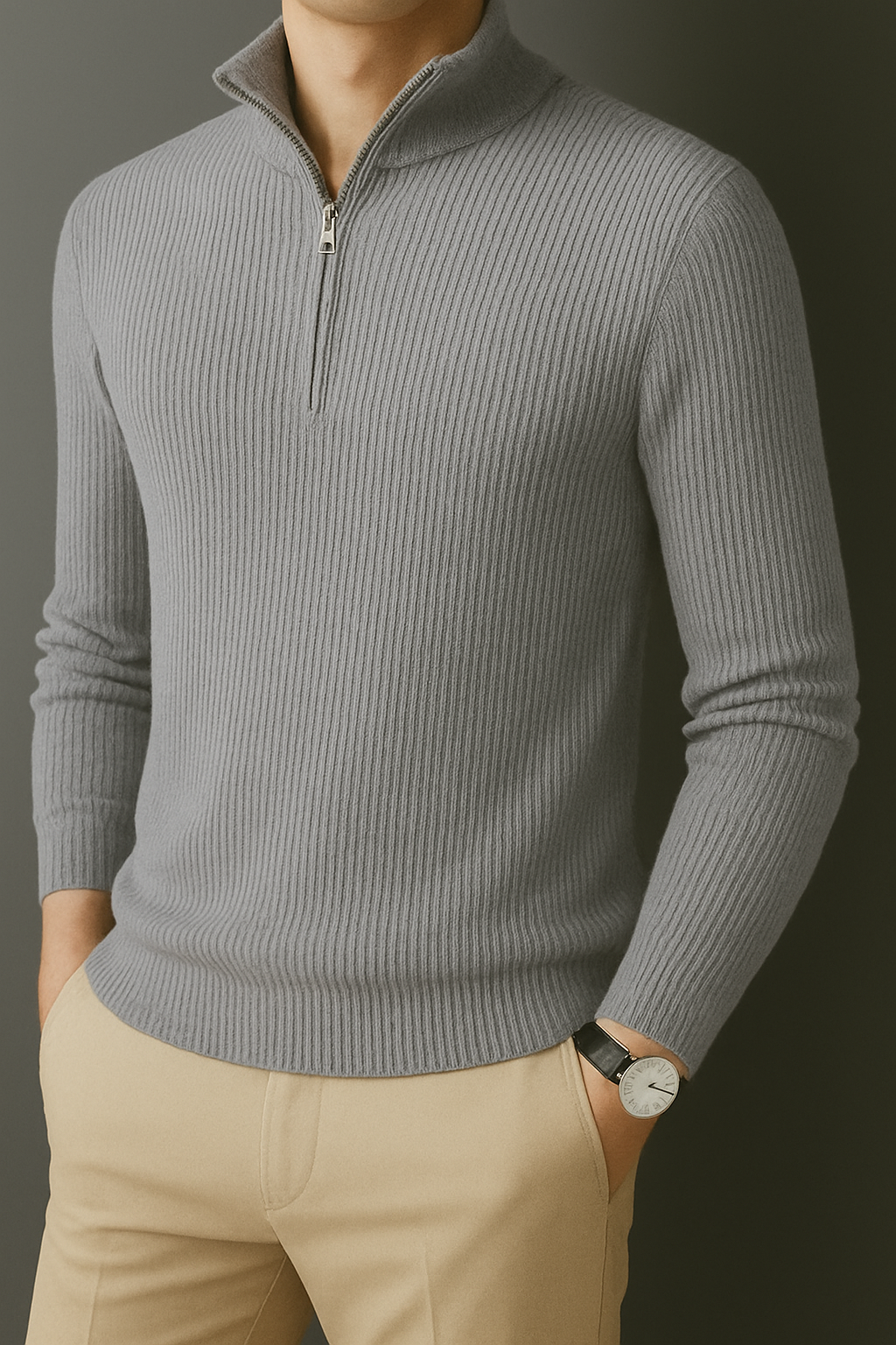 Premium Zipper RIB Cotton T-shirt - Limed Ash